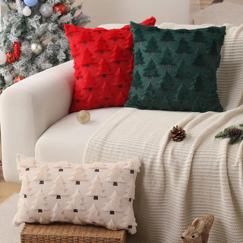 Allorry Christmas Pillow Covers 12x20 inch Set of 2 Xmas Decorations Soft Plush Faux Fur Wool Beige Christmas Tree Throw Pillow Cases Winter Holiday Decor for Sofa Living Room PT-002C12 - Image 4